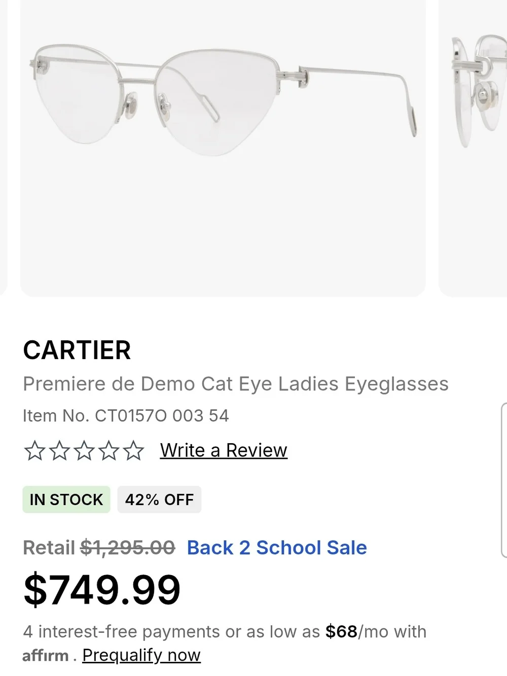 Cartier Silver Rimless Women’s Eyeglasses